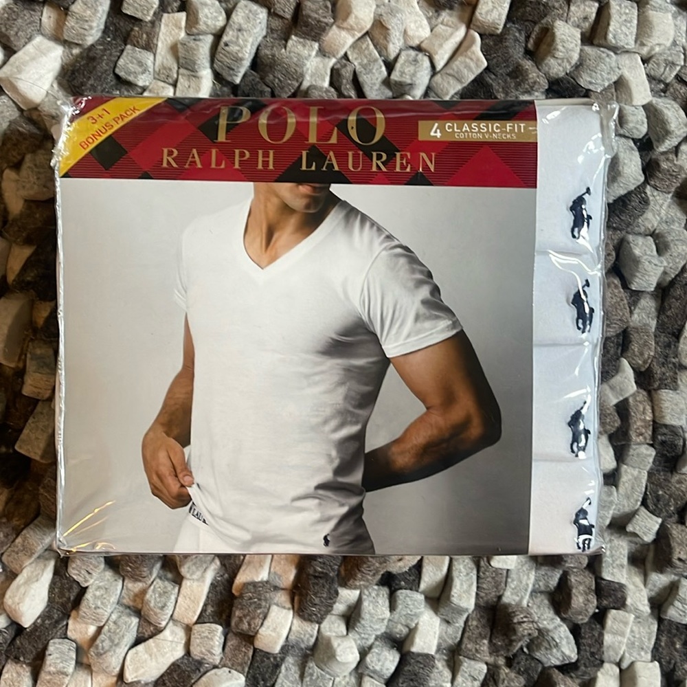 New Men’s Polo Ralph Lauren classic fit cotton v-neck 4 pack white medium